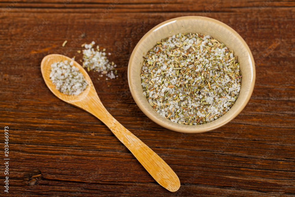 Seasoning Herbs Mix Sea Salt and Spices. Selective focus. Seasoning Herbs Mix Sea Salt and Spices. Selective focus.