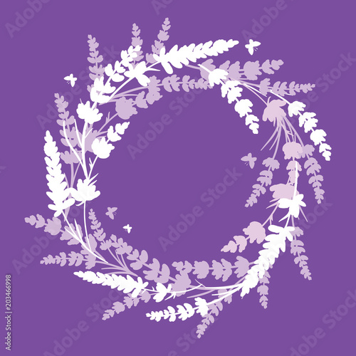 Lavender flowers wreath frame bouquet design element. Elegant purple silhouet...