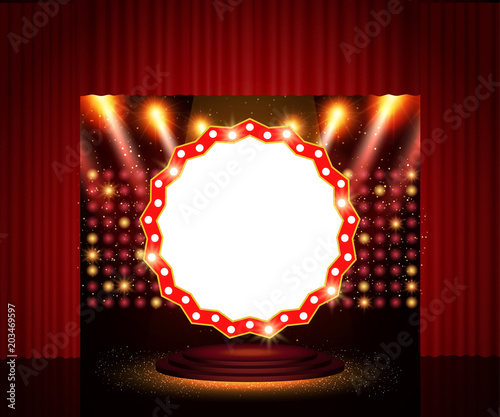 Shining retro circle banner on stage curtain