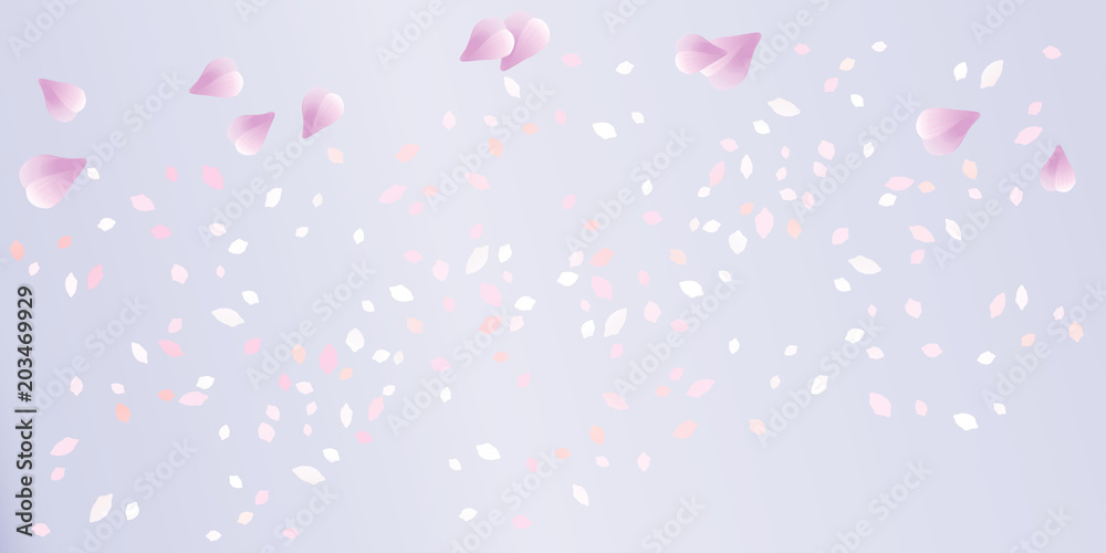 Light Purple flying petals isolated on soft Violet gradient background. Sakura Roses petals. Vector