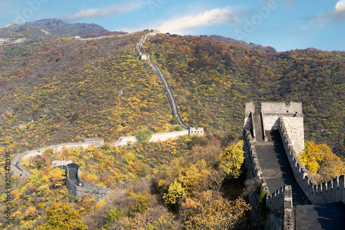 China The great wall distant view compressed towers and wall segments autumn season in mountains near Beijing ancient chinese fortification military landmark in Beijing  China.