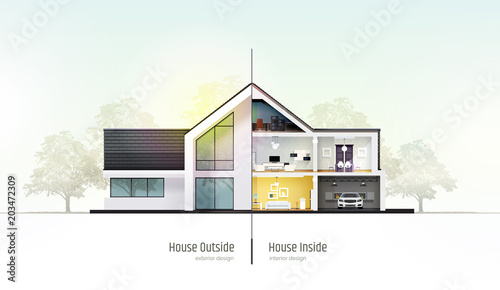 House in cross-section. Modern house, villa, cottage, townhouse with shadows. Architectural visualization of a three storey cottage inside and outside. Realistic vector illustration.