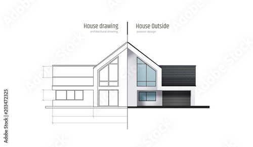 House in cross-section. Drawing outside exterior. Modern house, villa, cottage, townhouse with shadows. Architectural visualization of a three storey cottage. Realistic vector illustration.