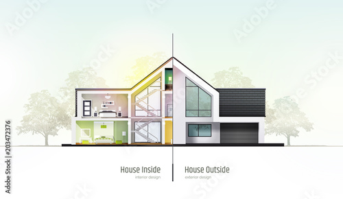 House in cross-section. Modern house, villa, cottage, townhouse with shadows. Architectural visualization of a three storey cottage inside and outside. Realistic vector illustration.