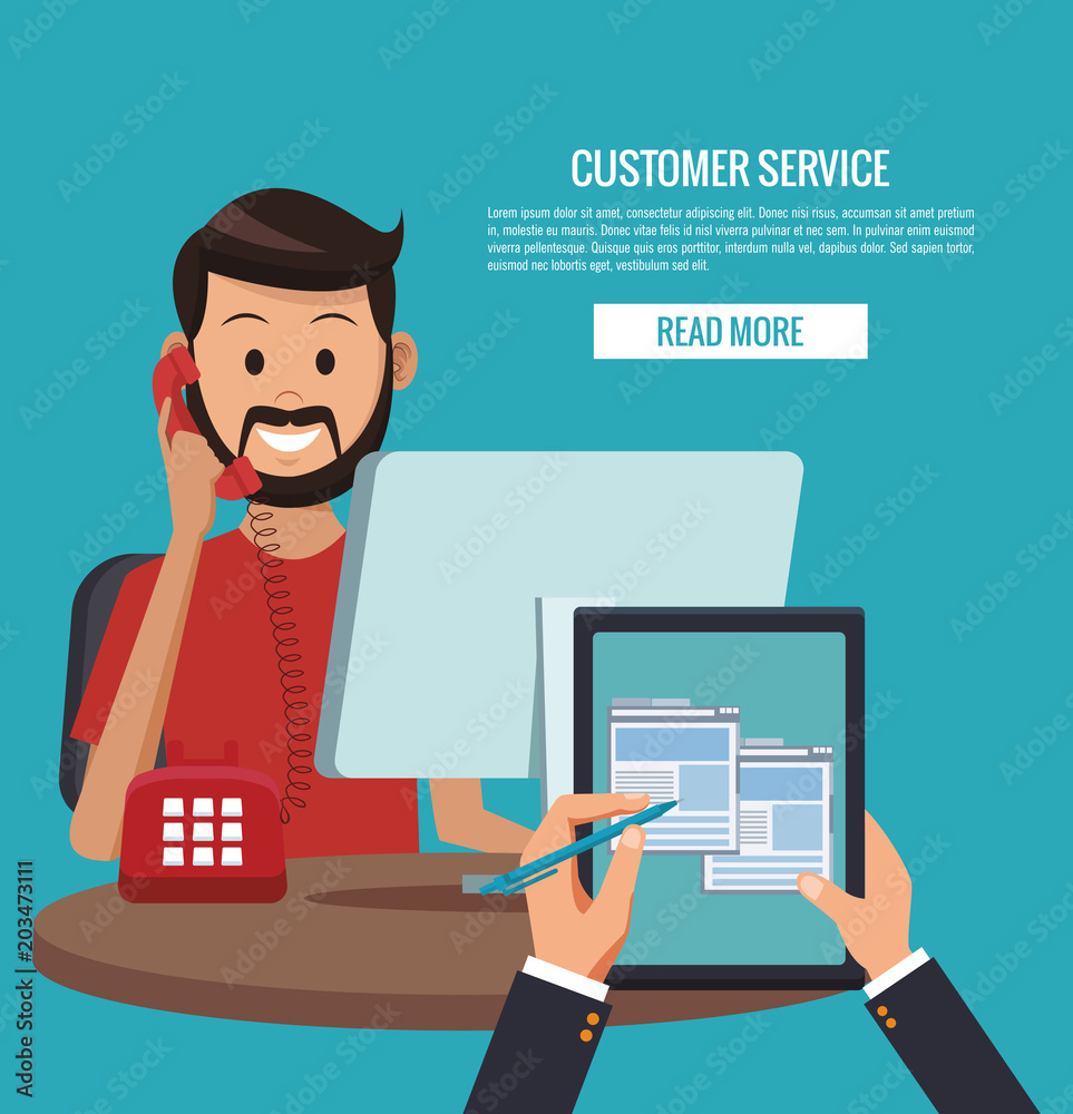 Customer service banner with read more button vector illustration graphic design Customer service banner with read more button vector illustration graphic design