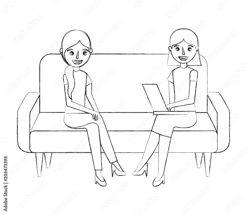 young women sitting on sofa with laptop vector illustration sketch young women sitting on sofa with laptop vector illustration sketch