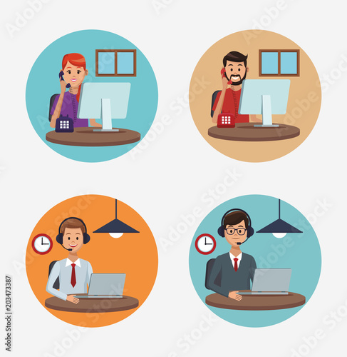 Call center agents cartoons on round symbols vector illustration graphic design