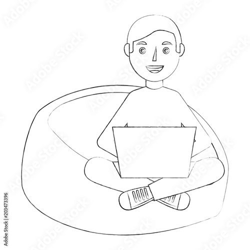 happy young man sitting bean bag in chair with laptop vector illustration sketch