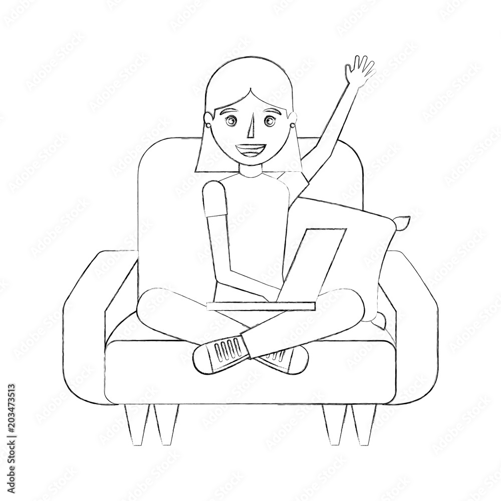 young woman with laptop sitting in the sofa vector illustration sketch young woman with laptop sitting in the sofa vector illustration sketch