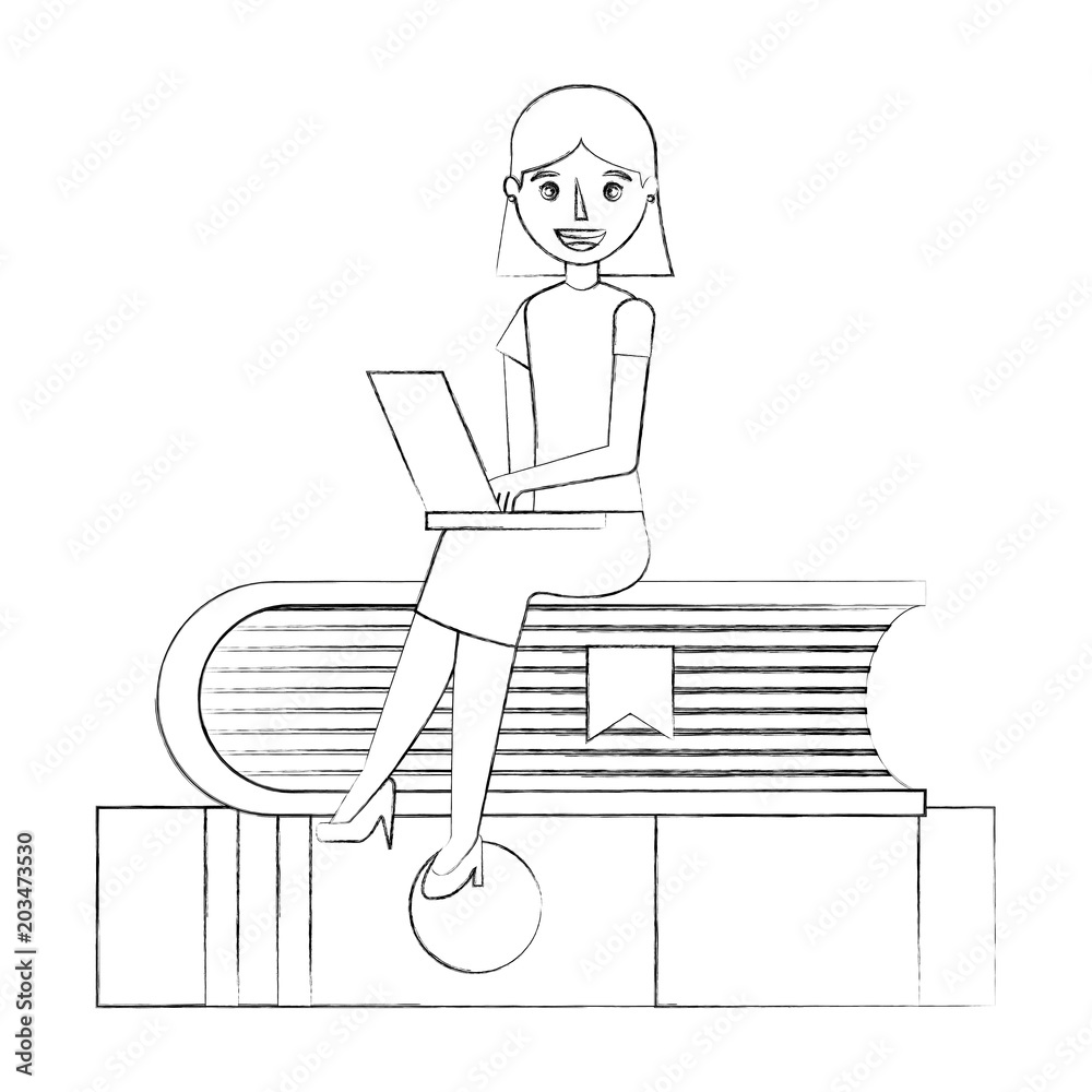 young woman sitting on books laptop e-learning vector illustration sketch young woman sitting on books laptop e-learning vector illustration sketch