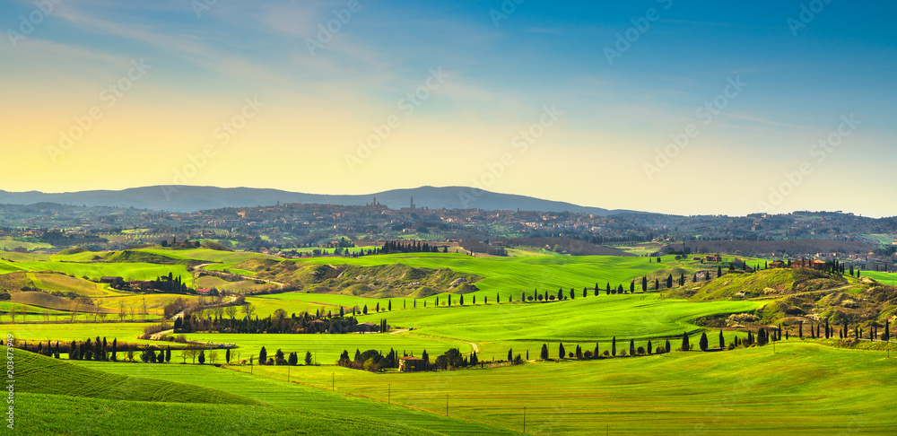 Siena city skyline, countryside and rolling hills. Tuscany, Italy