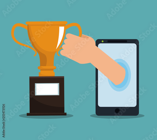 Hand coming out from smartphone and grabbing trophy cup vector illustration graphic design
