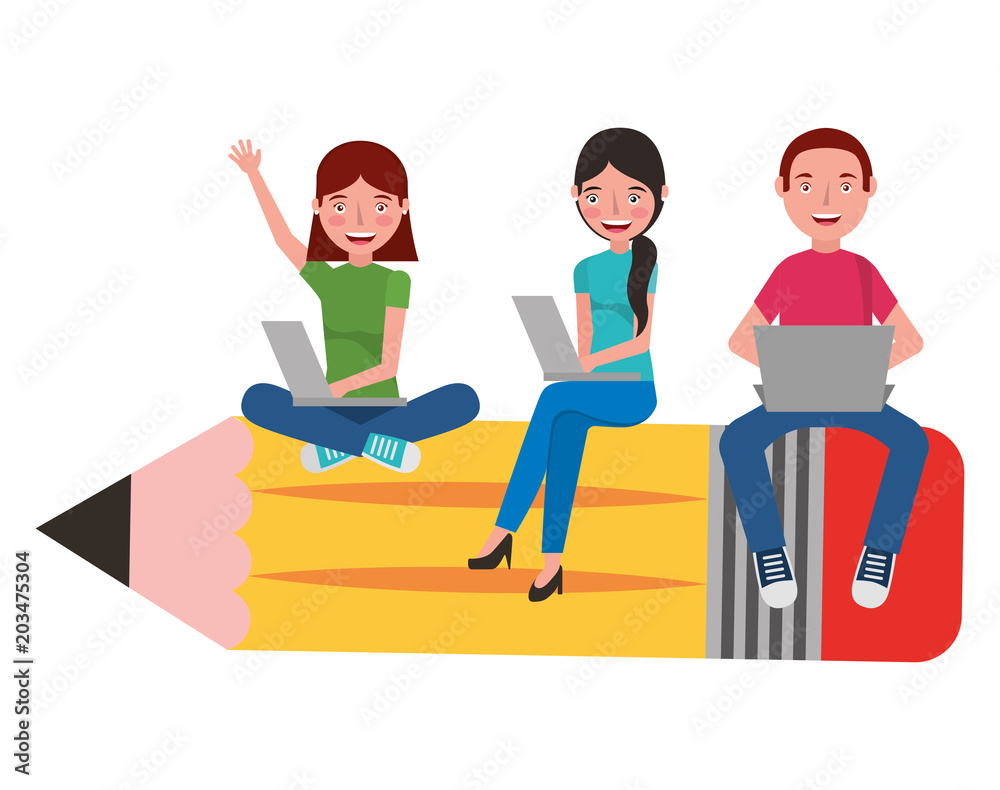 group students sit on school pencil with her laptops vector illustration group students sit on school pencil with her laptops vector illustration