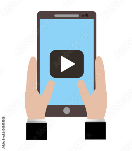 hand holds smartphone with video player button vector illustration