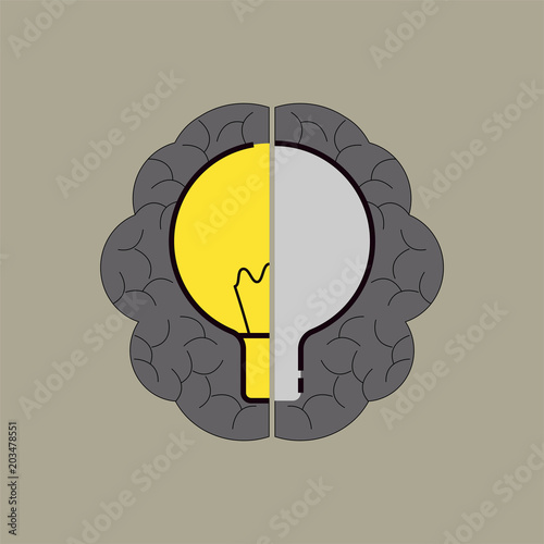Light bulb shape gimmick on the brain background: left half as a bulb and right half as a question mark represent brain working process. Solve problem concept. Vector illustration.