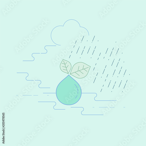 A Water drop falling from leaf surrounded by water cycle represent relation of nature and environment. Nature for water concept. Editable stroke. Vector illustration.