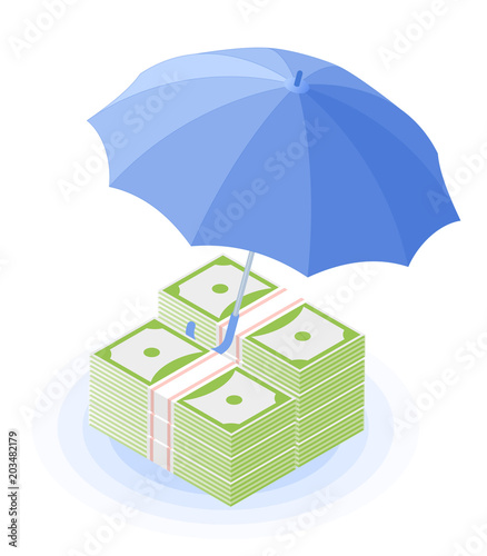 Flat isometric illustration of pile of banknotes under the umbrella. The reliability and safety of deposits, money protection, cash care, business, banking vector concept isolated on white background.