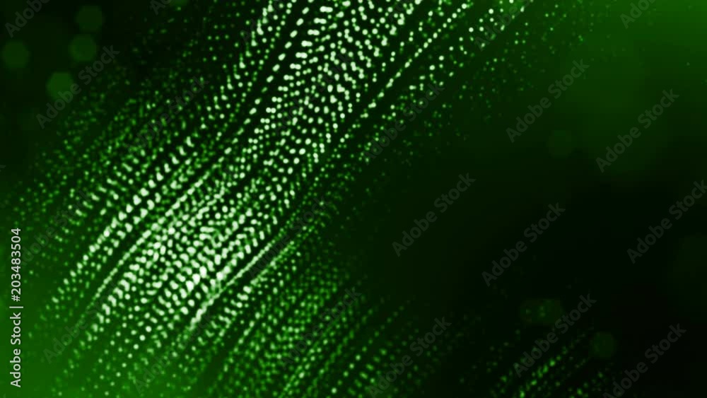 3d render of luminous particles as science fiction background or modern abstract green background of particles with depth of field and bokeh like vj loop. Particles form line and wavy structure. 5