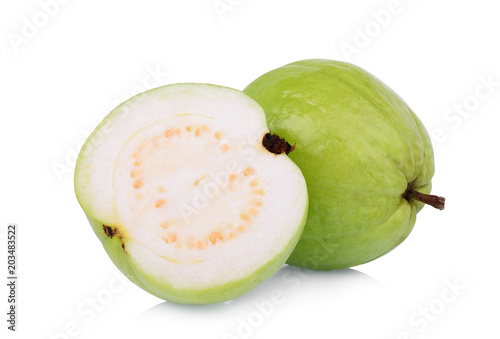 whole and half guava fruit isolated on white background