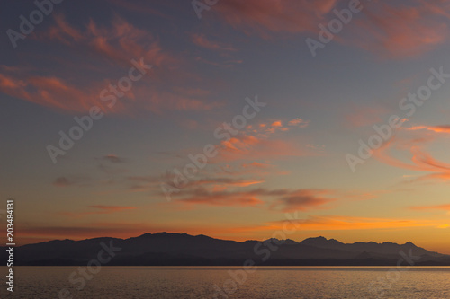 Beautiful sunset from the Cap Corse, with view over the Agriates desert, Corsica,  France.