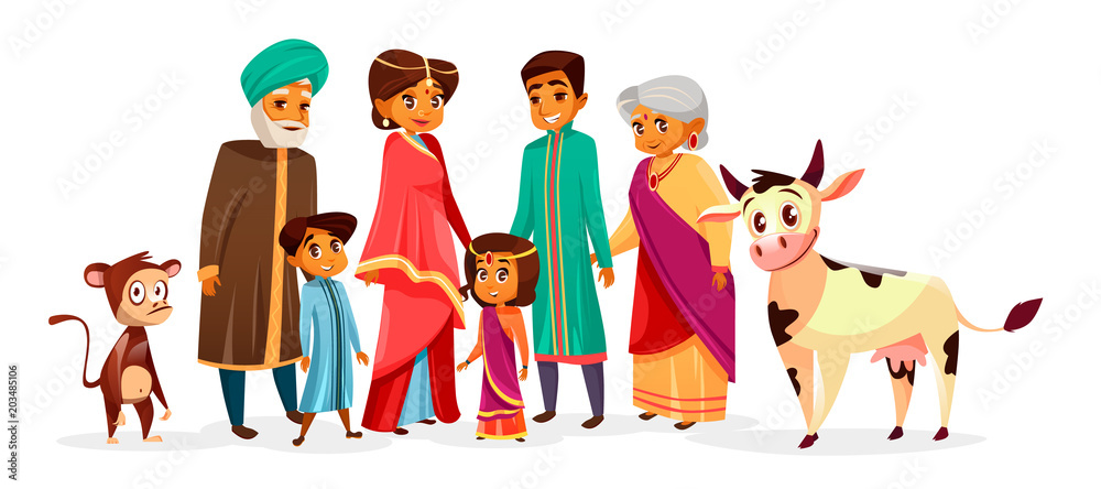 Indian family vector illustration of people in Hindu national clothes. Cartoon  Indian characters of mother woman in saree and father man with children boy  and girl or grandparents and pets Stock Vector |