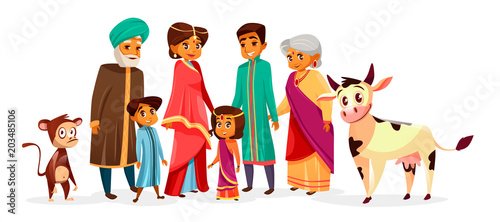 Indian family vector illustration of people in Hindu national clothes.  Cartoon Indian characters of mother woman in saree and father man with  children boy and girl or grandparents and pets Stock Vector |