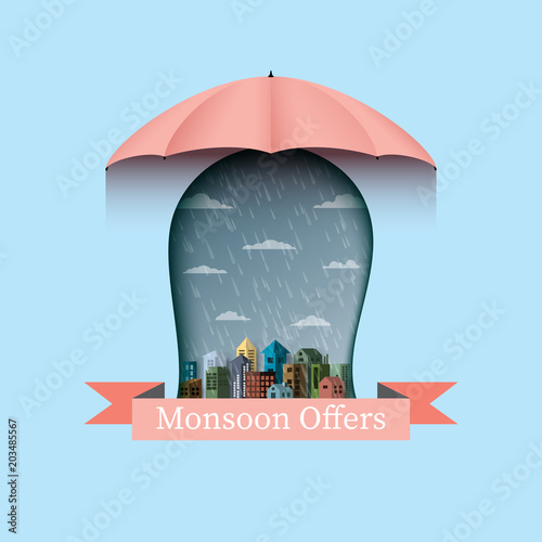 Monsoon offers banner backgroud with umbrella and city.Flat design vector illustration.