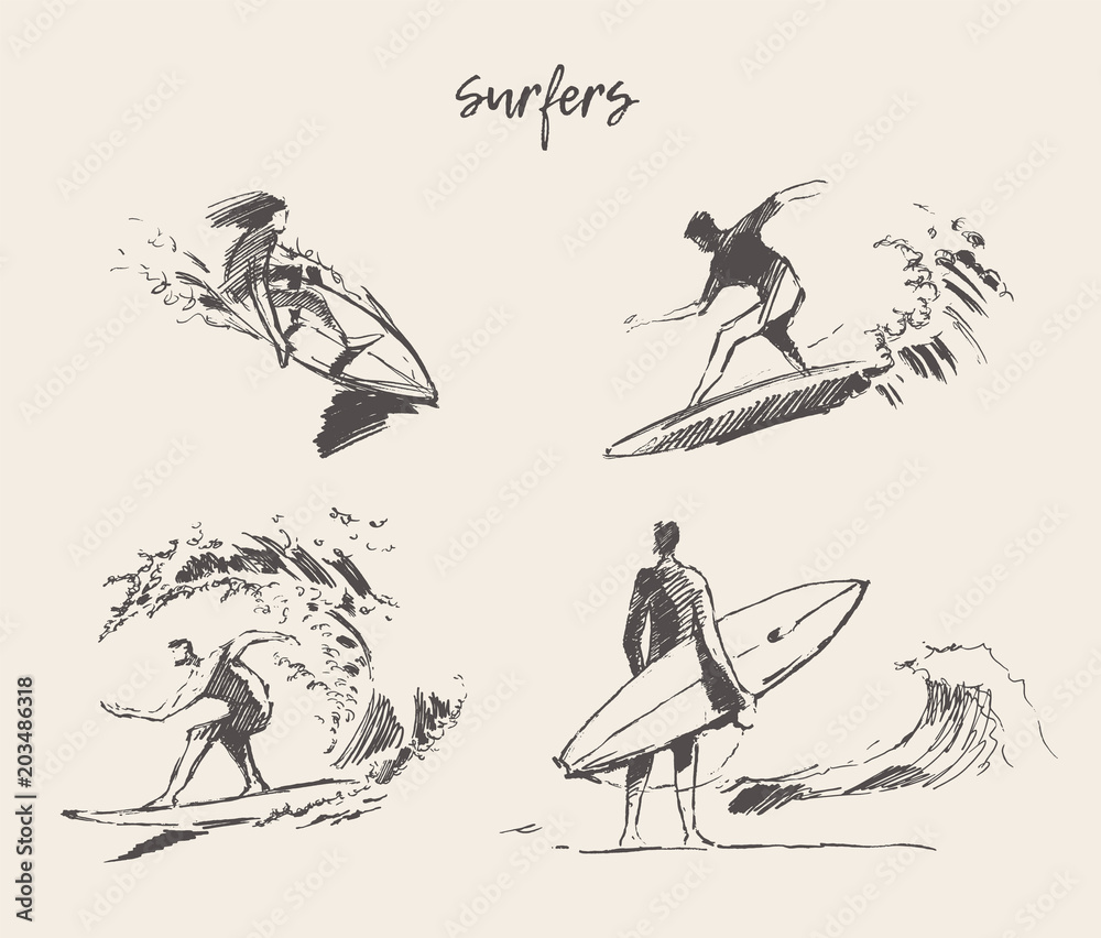 Set drawn vector young man beach surfboard sketch