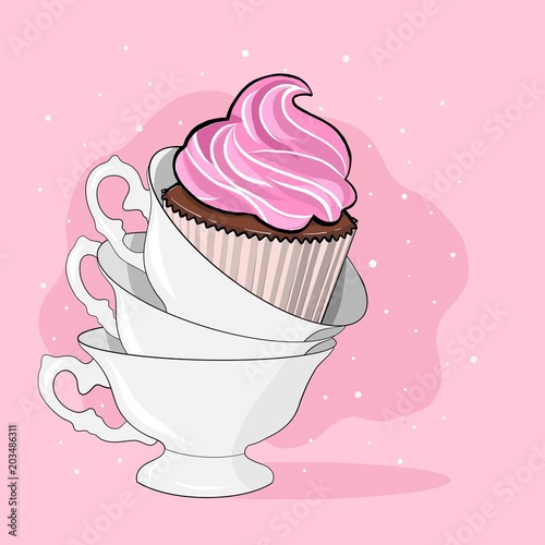 It is tea time / Creative conceptual still life illustration. Cupcake and three tea cups. photo