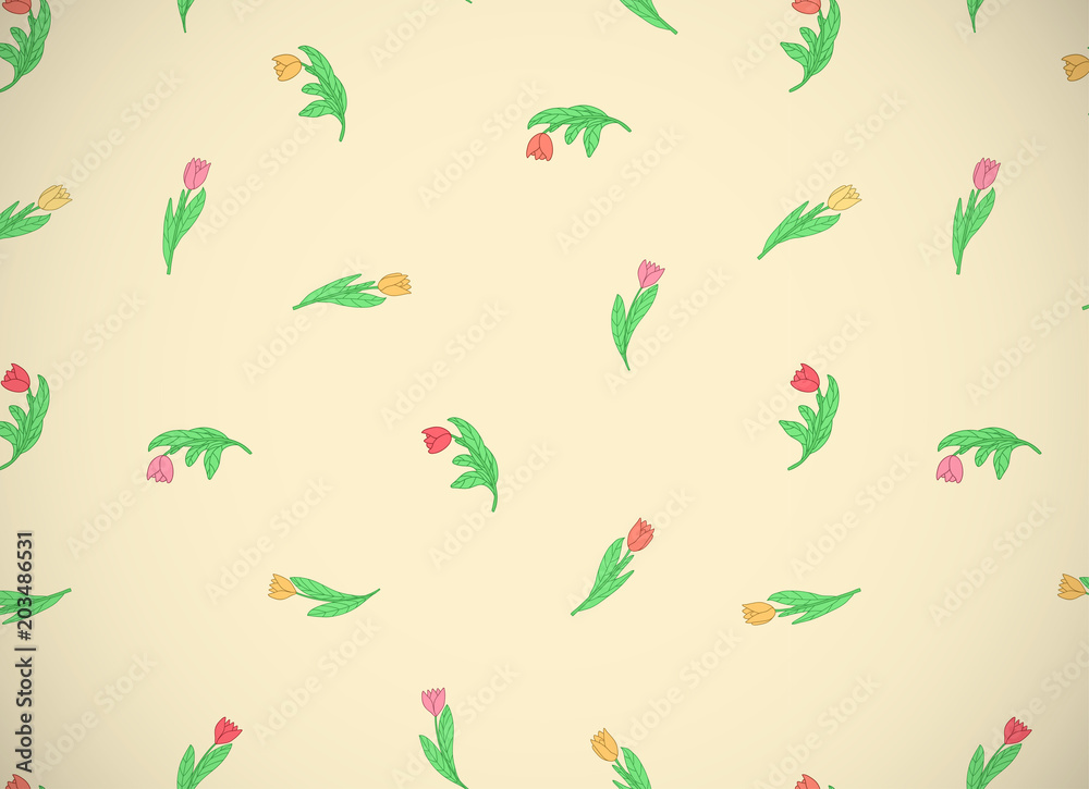 Horizontal card with cute small cartoon colored flowers, tulips on yellow background.