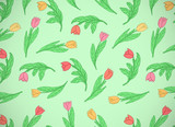 Horizontal card with cute cartoon colored flowers, tulips on green background.