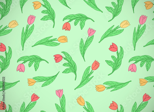 Horizontal card with cute cartoon colored flowers  tulips on green background.