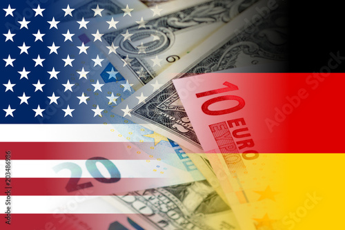 us and germany flags with euro and dollar banknotes mixed image