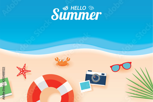 Hello summer card banner with vacation beach paper art background.