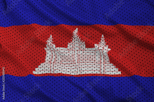 Cambodia flag printed on a polyester nylon sportswear mesh fabric with some folds photo