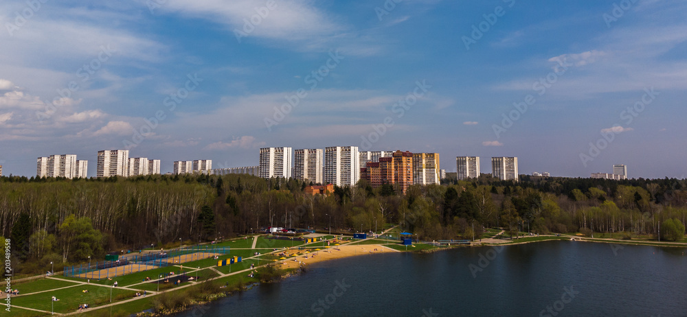 houses on bank of pond in Zelenograd, Russia