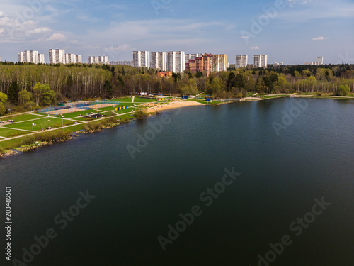 Top view on school lake in Zelenograd administrative district of Moscow, Russia