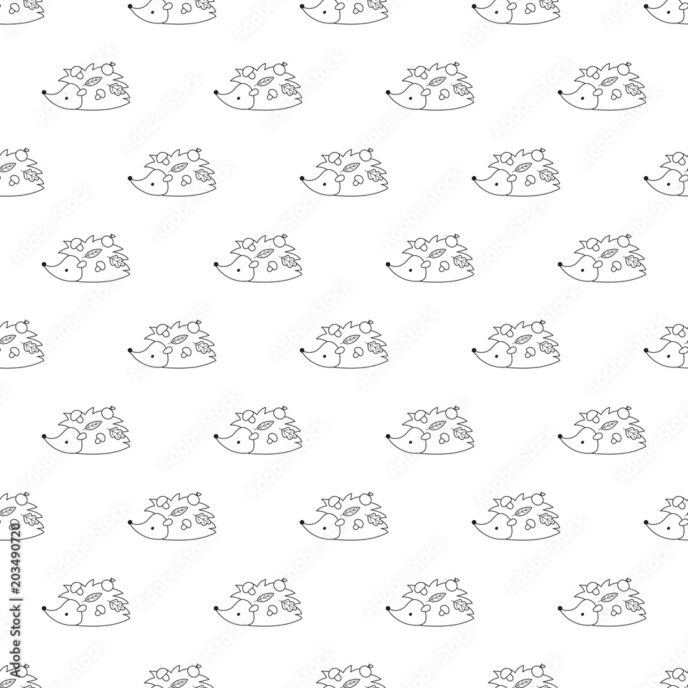 Seamless pattern of outline hedgehog with apples, mushrooms and leaves