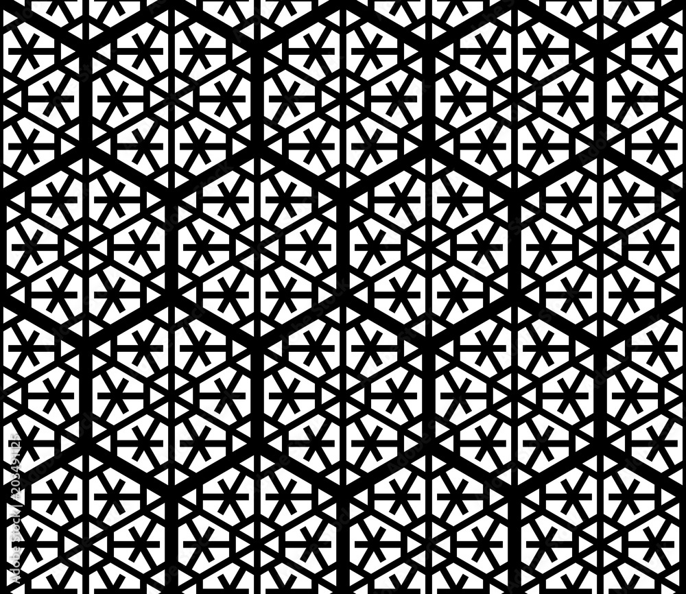 Seamless geometric pattern based on traditional Japanese Kumiko patterns .Grid of hexagons of large thickness. Seamless geometric pattern based on traditional Japanese Kumiko patterns .Grid of hexagons of large thickness.