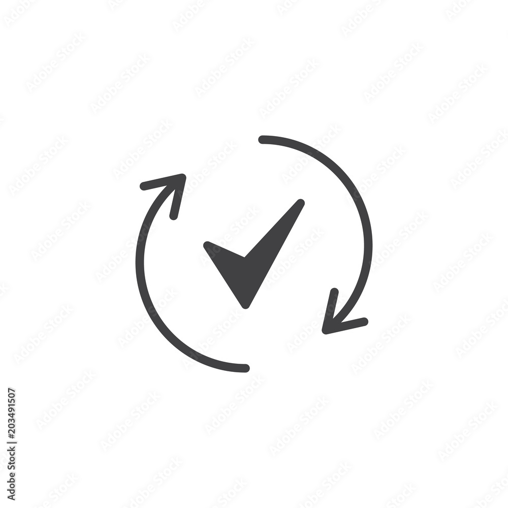 Rotate arrows and check mark vector icon. filled flat sign for mobile concept and web design. Done simple solid icon. Symbol, logo illustration. Pixel perfect vector graphics Rotate arrows and check mark vector icon. filled flat sign for mobile concept and web design. Done simple solid icon. Symbol, logo illustration. Pixel perfect vector graphics