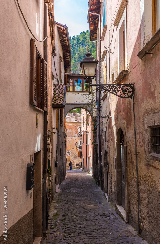 Fototapeta premium Tagliacozzo (Italy) - A small pretty village in the province of L'Aquila, in the mountain region of Abruzzo, during the spring. Here the historic center.