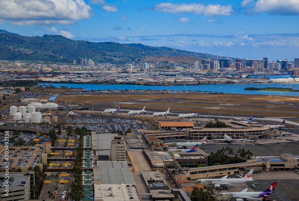 Aerial view of downtown Honolulu and HNL airport in Hawaii