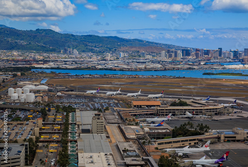 Aerial view of downtown Honolulu and HNL airport in Hawaii