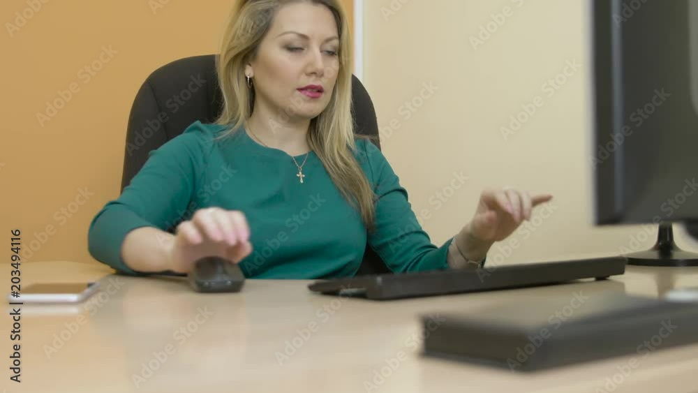 Portrait business woman working on computer in office interior close up Portrait business woman working on computer in office interior close up