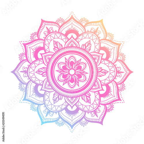 Round gradient mandala on white isolated background. Vector boho mandala in green and pink colors. Mandala with floral patterns. Yoga template