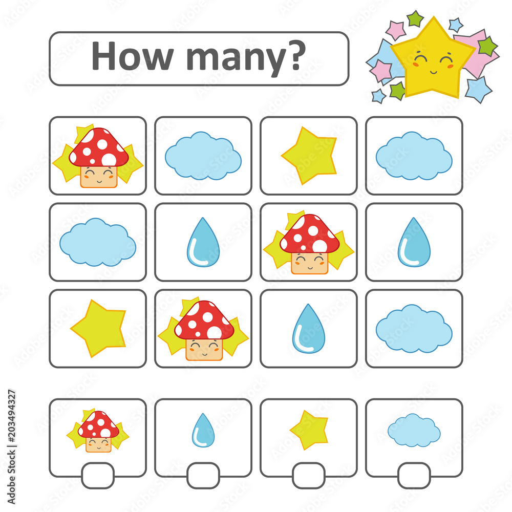 Counting game for preschool children. Count as many objects in the picture. Mushroom, cloud, drop, star. With a place for answers. Simple flat isolated vector illustration.