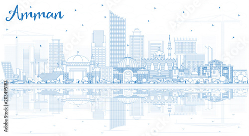 Cuadro en lienzo Outline Amman Jordan Skyline with Blue Buildings and Reflections.