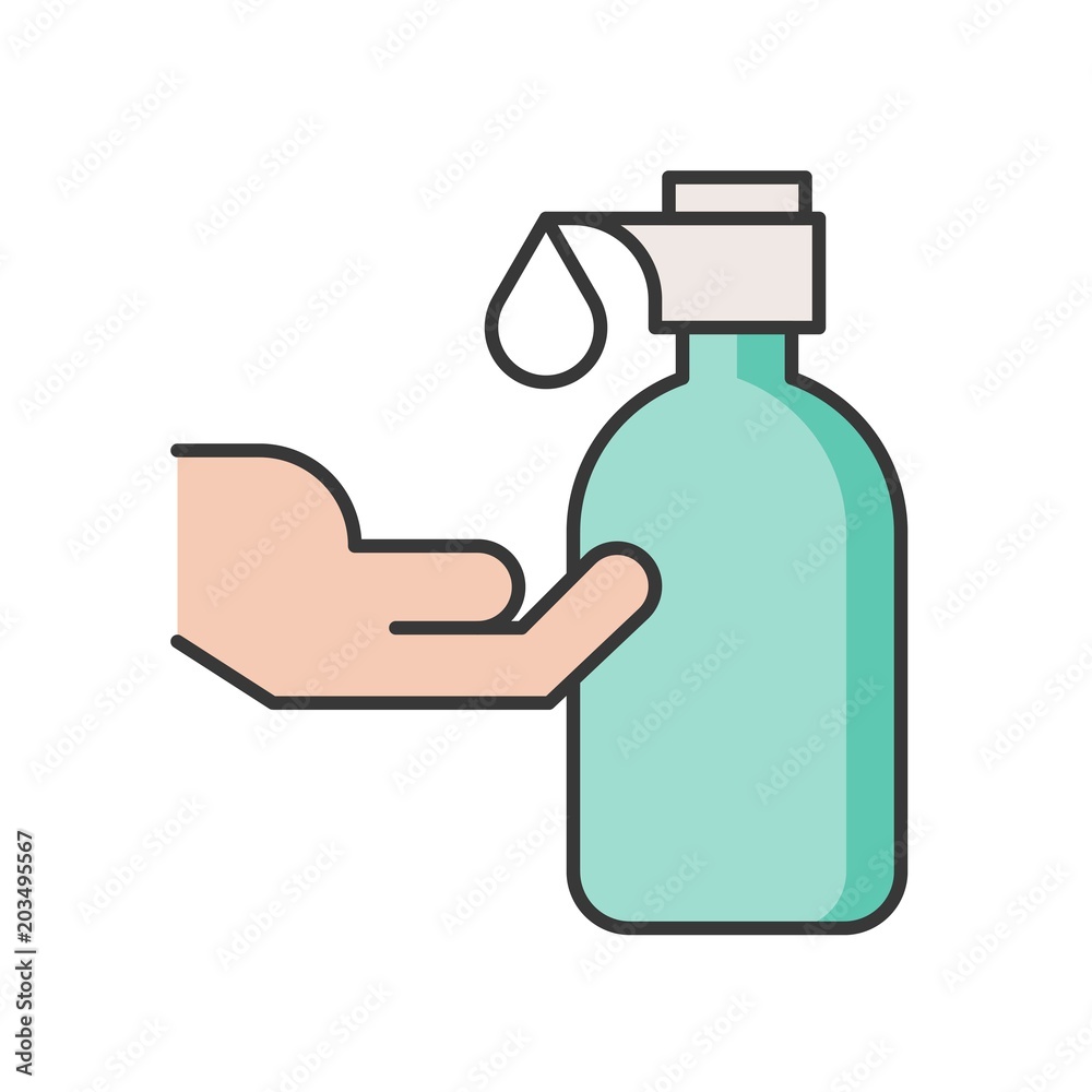 Hand with pump bottle, filled outline icon Hand with pump bottle, filled outline icon