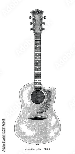 Acoustic guitar hand drawing vintage engraving illustration