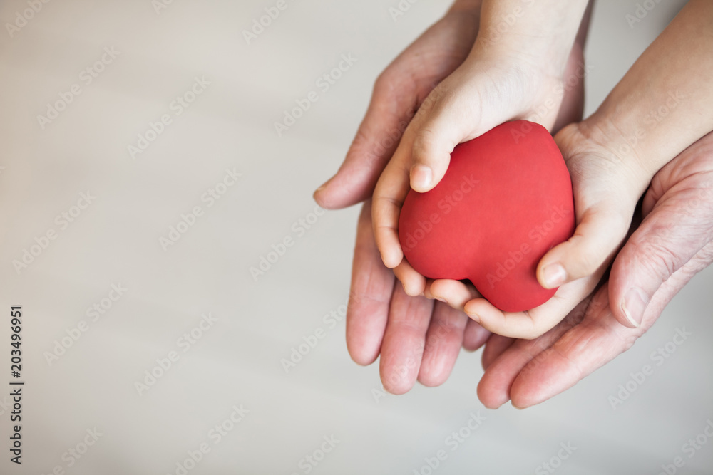 Fototapeta premium Hands with red heart. Gving concept. Love concept. Mother's day..